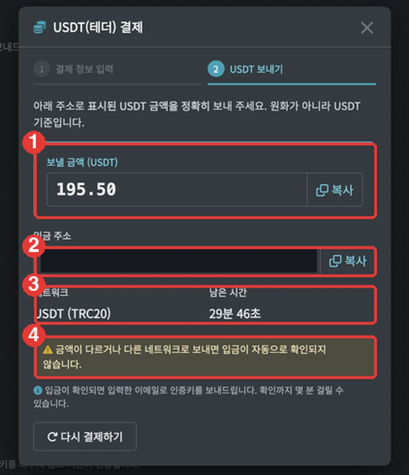 ① 보낼 USDT 금액 ② 입금 주소(가렸습니다) ③ 네트워크와 남은 시간 ④ 금액이나 네트워크가 다르면 입금이 자동으로 확인되지 않는다는 경고