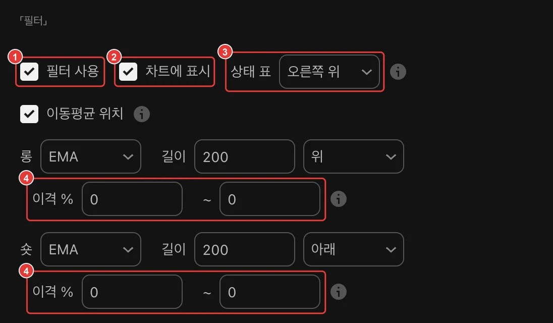 필터를 추가한 전략의 TradingView 인풋 화면