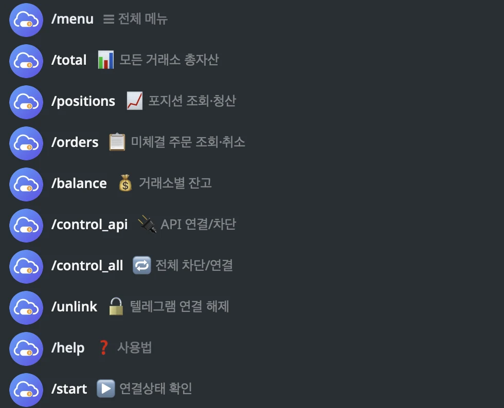 TVExtBot 컨트롤 센터 명령어 목록 (/menu, /total, /positions, /orders, /balance, /control_api, /control_all, /unlink, /help, /start)